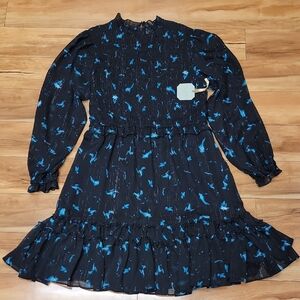 Ryegrass Size LARGE Black & Blue Floral Long Sleeve Fit + Flare Midi Dress NEW